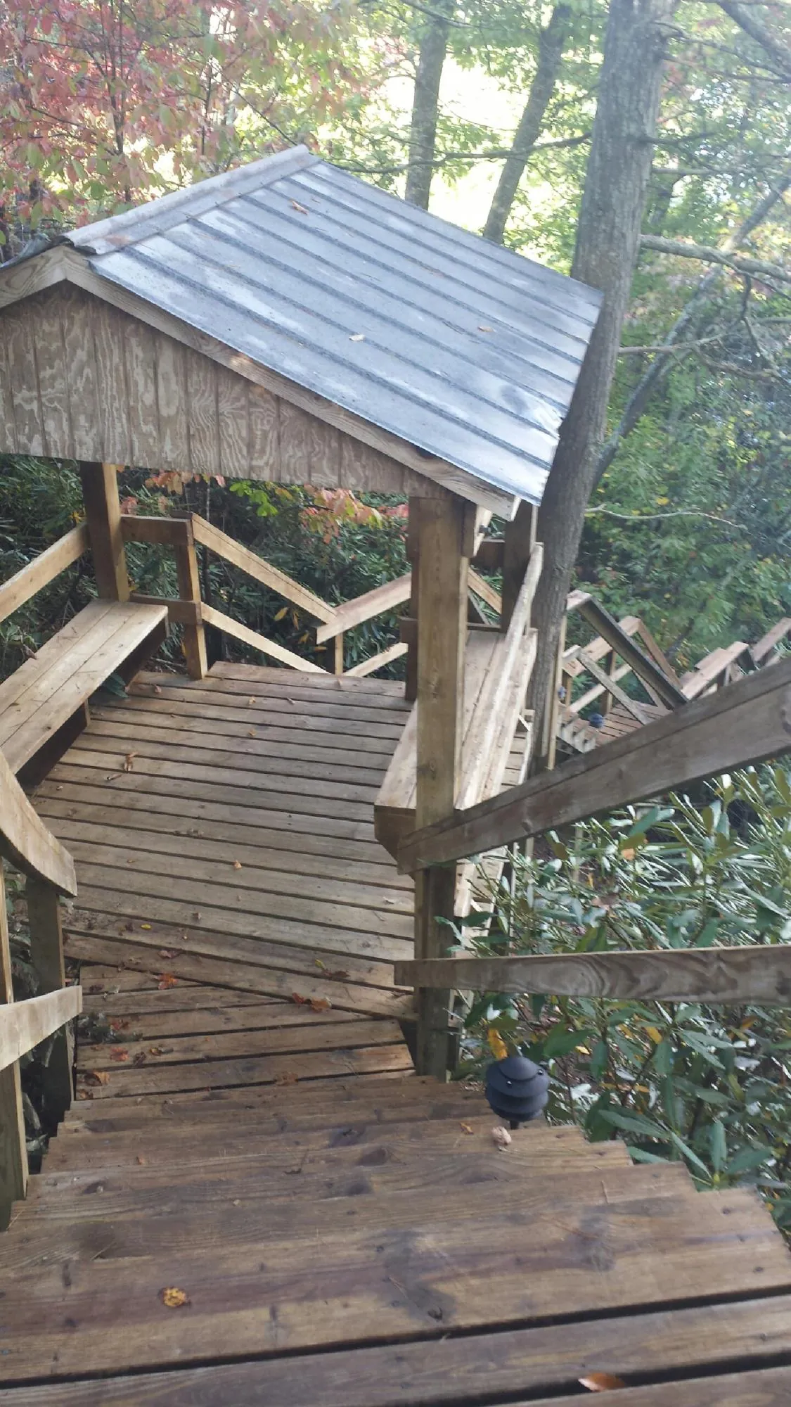 Metal roofed shelter over wooden steps on a wooded walkway — Skylight Repair & Installation work by our crew in Seal Rock
